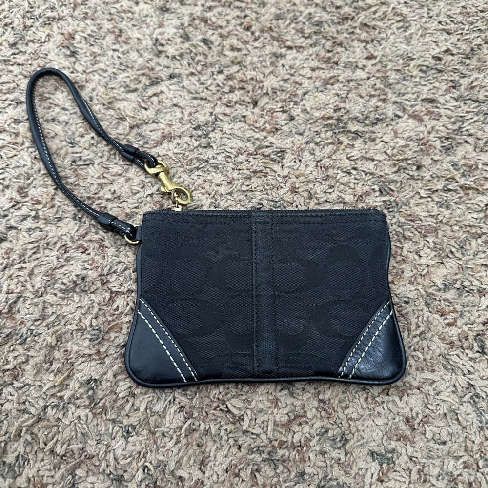 Coach‎ Black Signature Jacquard Wristlet Leather Trim Brass Hardware Pocket READ
